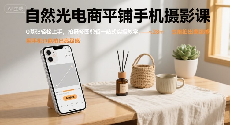 自然光电商平铺手机摄影课，0基础轻松上手，拍摄修图剪辑一站式实操教学，用手机也能拍出高级感-萤火网创