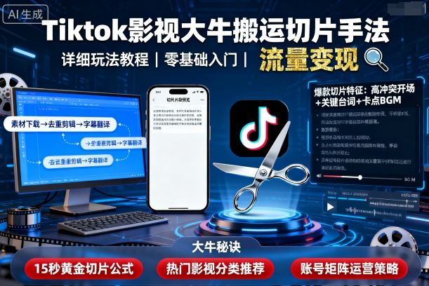 Tiktok影视大牛搬运切片手法，详细玩法教程-萤火网创
