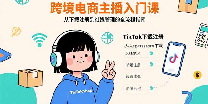 跨境电商主播入门课，TikTok下载注册，支付工具配置，社媒账号管理全流程-萤火网创