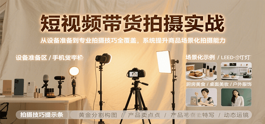 短视频带货拍摄实战，从设备准备到专业拍摄技巧全覆盖，系统提升商品场景化拍摄能力-萤火网创