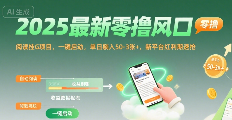 2025最新零撸风口，阅读挂G项目，一键启动，单日躺入 50-3张+，新平台红利期速抢【揭秘】-萤火网创