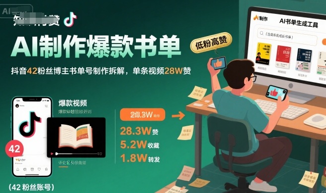 AI制作爆款书单，抖音42粉丝博主书单号制作拆解，单条视频28W赞-萤火网创