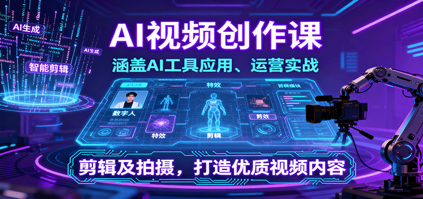 AI视频创作课，涵盖AI工具应用、运营实战、剪辑及拍摄，打造优质视频内容-萤火网创
