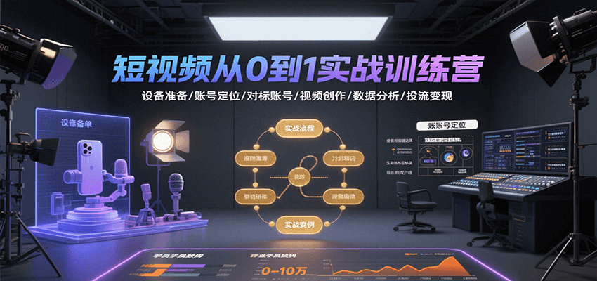短视频从0到1实战训练营：设备准备/账号定位/对标账号/视频创作/数据分析/投流变现-萤火网创