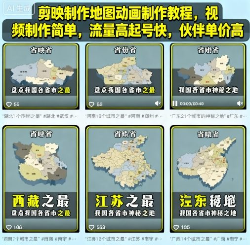 剪映制作地图动画制作教程，视频制作简单，流量高起号快，伙伴单价高-萤火网创