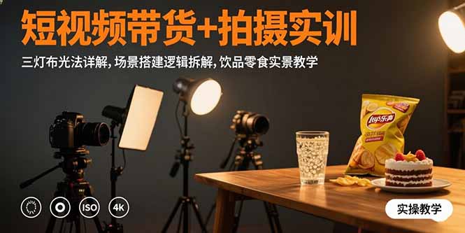 短视频带货+拍摄实训：三灯布光法详解,场景搭建逻辑拆解,饮品零食实景教学-萤火网创