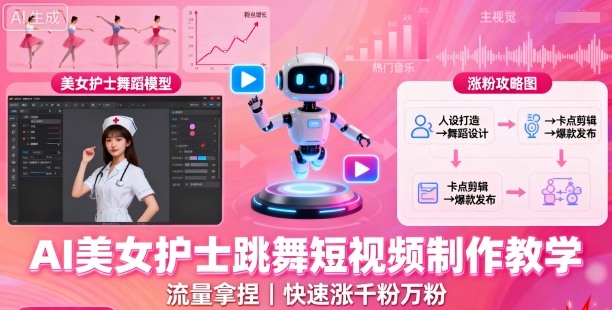 AI美女护士跳舞短视频制作教学，流量拿捏，快速涨千粉万粉【提示词+视频教程】-萤火网创