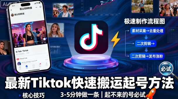 最新Tiktok快速搬运快速起号方法，3-5分钟做一条，起不来的号可以试试-萤火网创